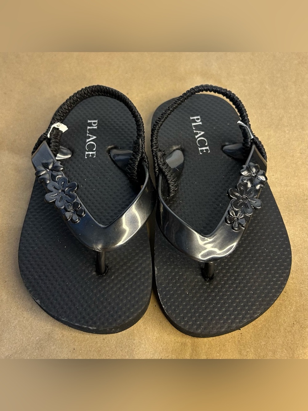 PLACE Floral Black Slingback Flip Flops Baby Size 6/7